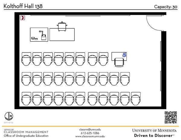 Plan view of the classroom that provides room capacity, seating locations and exits. A QR code links to room schedule and contact information is in the footer