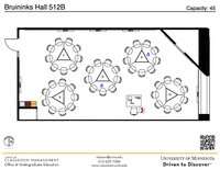 Plan view of the classroom that provides room capacity, seating locations and exits. A QR code links to room schedule and contact information is in the footer