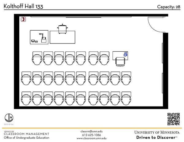 Plan view of the classroom that provides room capacity, seating locations and exits. A QR code links to room schedule and contact information is in the footer