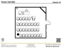 Plan view of the classroom that provides room capacity, seating locations and exits. A QR code links to room schedule and contact information is in the footer