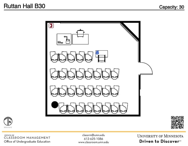 Plan view of the classroom that provides room capacity, seating locations and exits. A QR code links to room schedule and contact information is in the footer