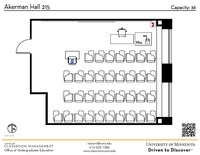 Plan view of the classroom that provides room capacity, seating locations and exits. A QR code links to room schedule and contact information is in the footer