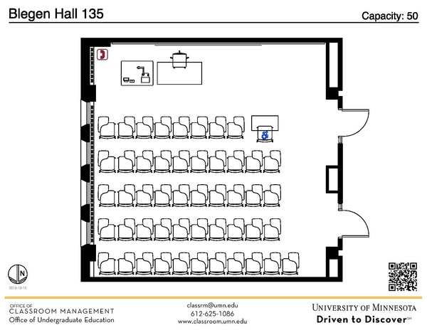 Plan view of the classroom that provides room capacity, seating locations and exits. A QR code links to room schedule and contact information is in the footer