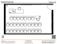 Plan view of the classroom that provides room capacity, seating locations and exits. A QR code links to room schedule and contact information is in the footer