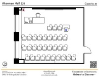 Plan view of the classroom that provides room capacity, seating locations and exits. A QR code links to room schedule and contact information is in the footer