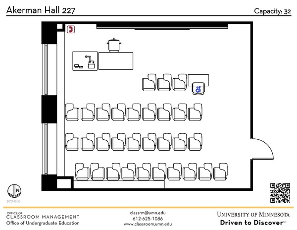 Plan view of the classroom that provides room capacity, seating locations and exits. A QR code links to room schedule and contact information is in the footer