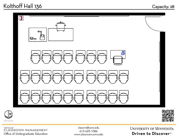 Plan view of the classroom that provides room capacity, seating locations and exits. A QR code links to room schedule and contact information is in the footer