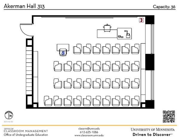 Plan view of the classroom that provides room capacity, seating locations and exits. A QR code links to room schedule and contact information is in the footer