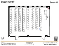 Plan view of the classroom that provides room capacity, seating locations and exits. A QR code links to room schedule and contact information is in the footer