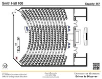 Plan view of the classroom that provides room capacity, seating locations and exits. A QR code links to room schedule and contact information is in the footer