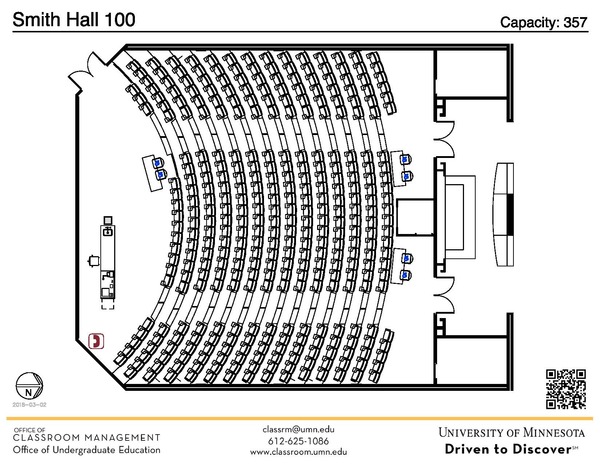 Plan view of the classroom that provides room capacity, seating locations and exits. A QR code links to room schedule and contact information is in the footer