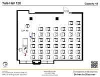 Plan view of the classroom that provides room capacity, seating locations and exits. A QR code links to room schedule and contact information is in the footer