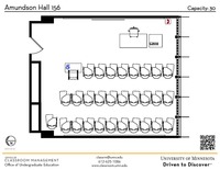 Plan view of the classroom that provides room capacity, seating locations and exits. A QR code links to room schedule and contact information is in the footer