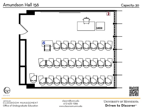 Plan view of the classroom that provides room capacity, seating locations and exits. A QR code links to room schedule and contact information is in the footer