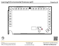 Plan view of the classroom that provides room capacity, seating locations and exits. A QR code links to room schedule and contact information is in the footer