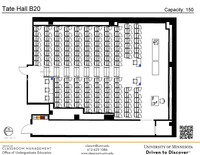 Plan view of the classroom that provides room capacity, seating locations and exits. A QR code links to room schedule and contact information is in the footer