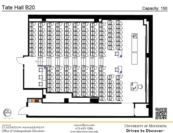 Plan view of the classroom that provides room capacity, seating locations and exits. A QR code links to room schedule and contact information is in the footer