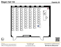 Plan view of the classroom that provides room capacity, seating locations and exits. A QR code links to room schedule and contact information is in the footer