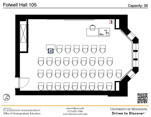 Plan view of the classroom that provides room capacity, seating locations and exits. A QR code links to room schedule and contact information is in the footer