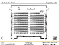 Plan view of the classroom that provides room capacity, seating locations and exits. A QR code links to room schedule and contact information is in the footer