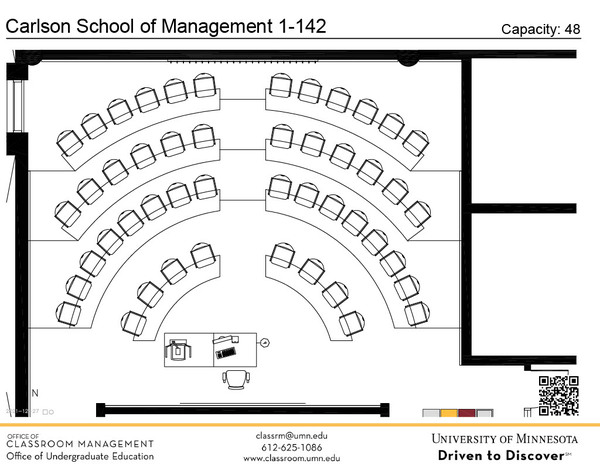 Plan view of the classroom that provides room capacity, seating locations and exits. A QR code links to room schedule and contact information is in the footer