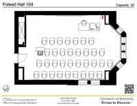 Plan view of the classroom that provides room capacity, seating locations and exits. A QR code links to room schedule and contact information is in the footer