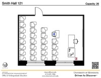 Plan view of the classroom that provides room capacity, seating locations and exits. A QR code links to room schedule and contact information is in the footer