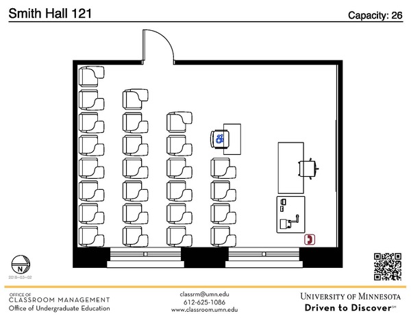 Plan view of the classroom that provides room capacity, seating locations and exits. A QR code links to room schedule and contact information is in the footer