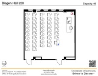 Plan view of the classroom that provides room capacity, seating locations and exits. A QR code links to room schedule and contact information is in the footer