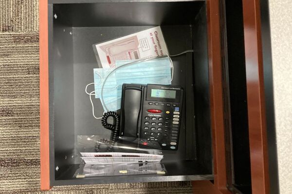 Pedestal - inside view of drawer showing telephone