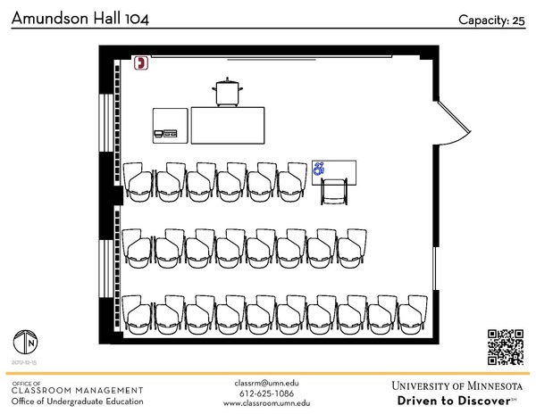 Plan view of the classroom that provides room capacity, seating locations and exits. A QR code links to room schedule and contact information is in the footer