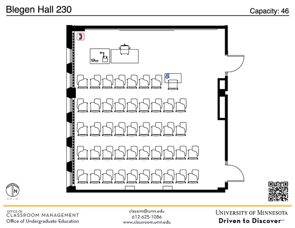 Plan view of the classroom that provides room capacity, seating locations and exits. A QR code links to room schedule and contact information is in the footer