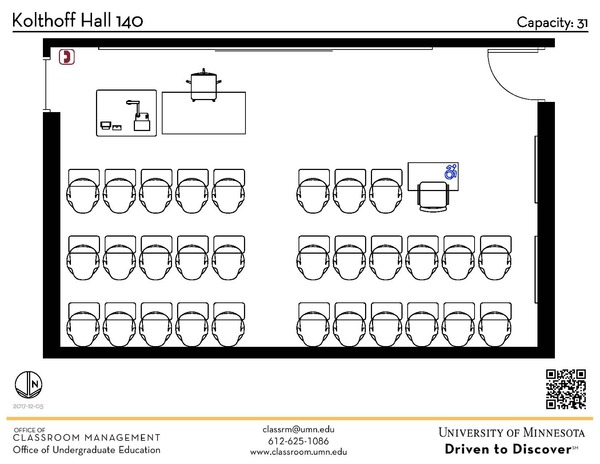 Plan view of the classroom that provides room capacity, seating locations and exits. A QR code links to room schedule and contact information is in the footer