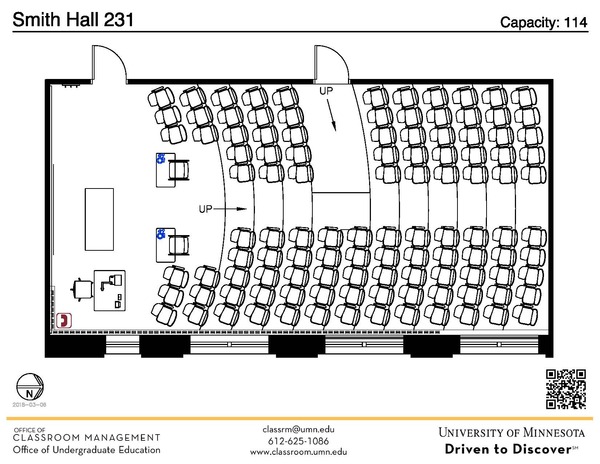 Plan view of the classroom that provides room capacity, seating locations and exits. A QR code links to room schedule and contact information is in the footer