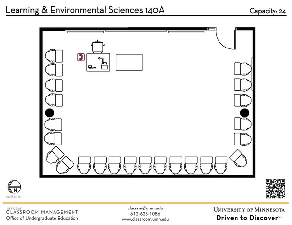 Plan view of the classroom that provides room capacity, seating locations and exits. A QR code links to room schedule and contact information is in the footer