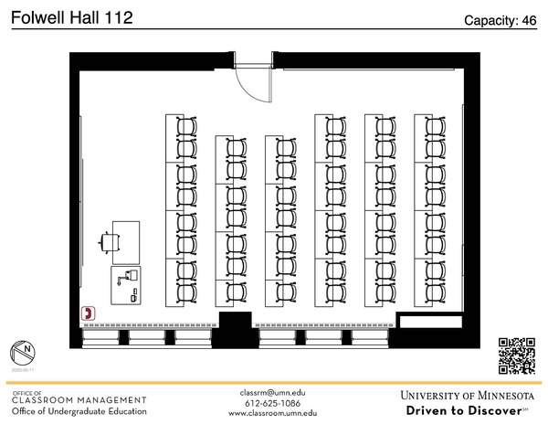 Plan view of the classroom that provides room capacity, seating locations and exits. A QR code links to room schedule and contact information is in the footer