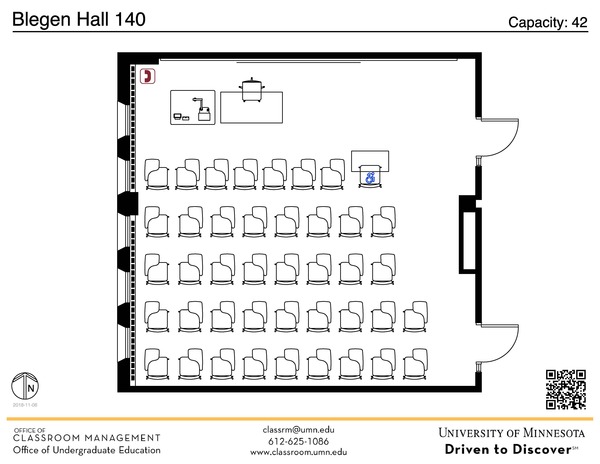 Plan view of the classroom that provides room capacity, seating locations and exits. A QR code links to room schedule and contact information is in the footer