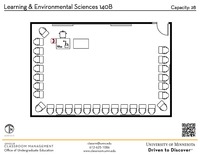 Plan view of the classroom that provides room capacity, seating locations and exits. A QR code links to room schedule and contact information is in the footer