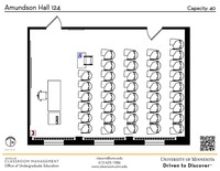 Plan view of the classroom that provides room capacity, seating locations and exits. A QR code links to room schedule and contact information is in the footer