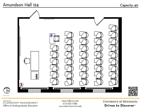 Plan view of the classroom that provides room capacity, seating locations and exits. A QR code links to room schedule and contact information is in the footer