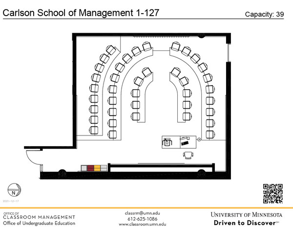 Plan view of the classroom that provides room capacity, seating locations and exits. A QR code links to room schedule and contact information is in the footer